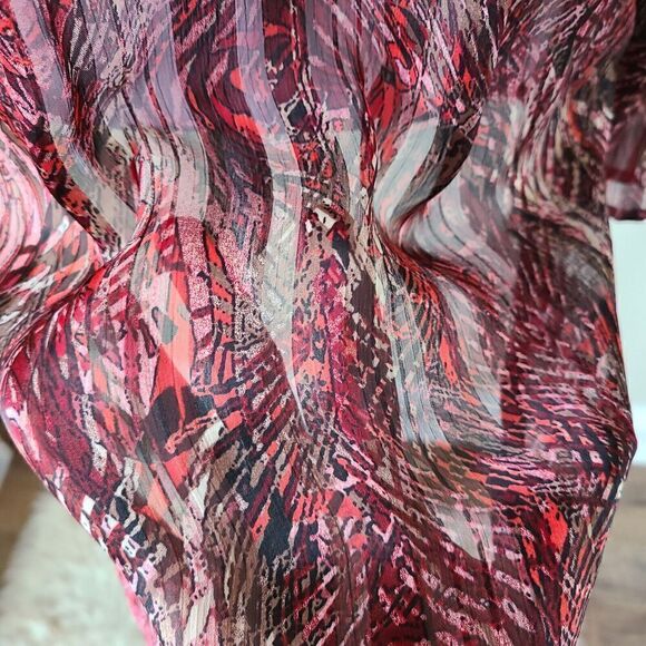 Cache Peacock Blouse Popover Medium Sheer Feather Print Red Studded Neckline - Picture 9 of 11